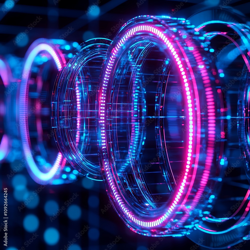 Poster futuristic abstract geometric design with neon circles and glowing lines representing technology, in