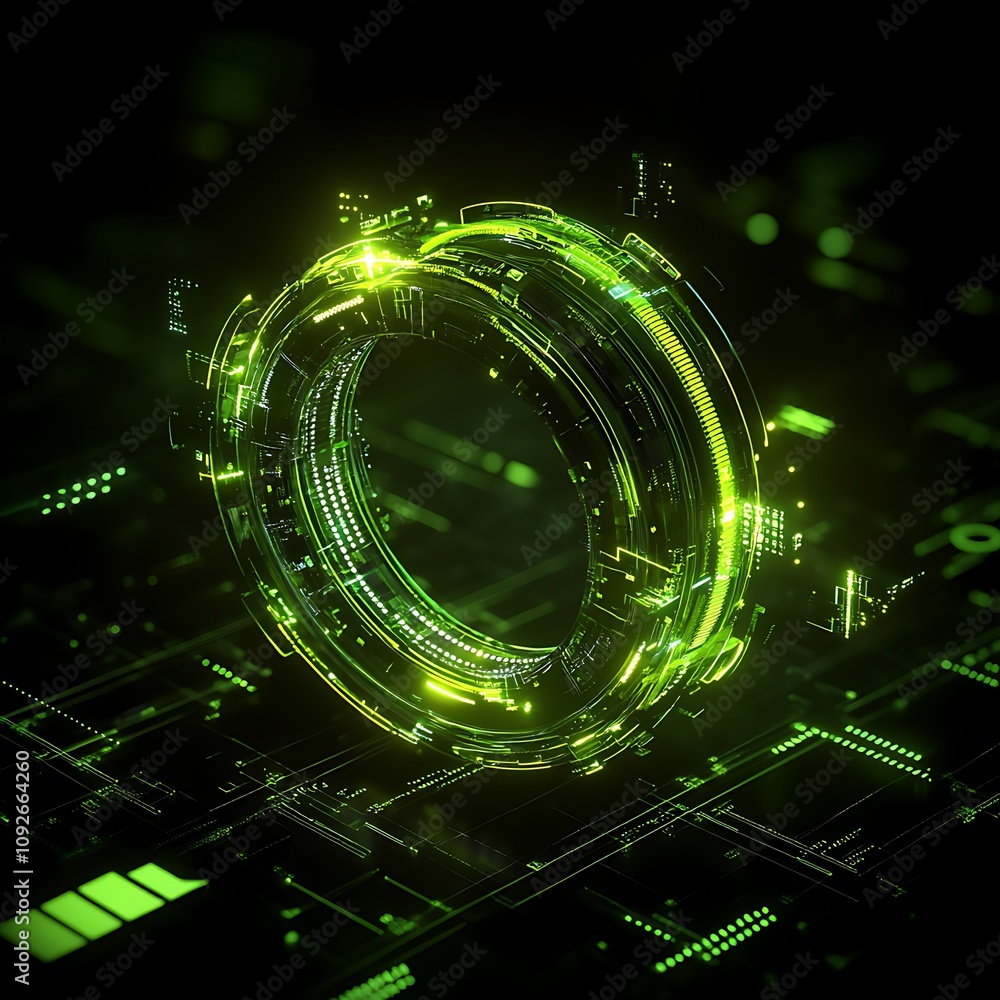 Poster futuristic abstract graphic design featuring neon green circular patterns and digital elements repre