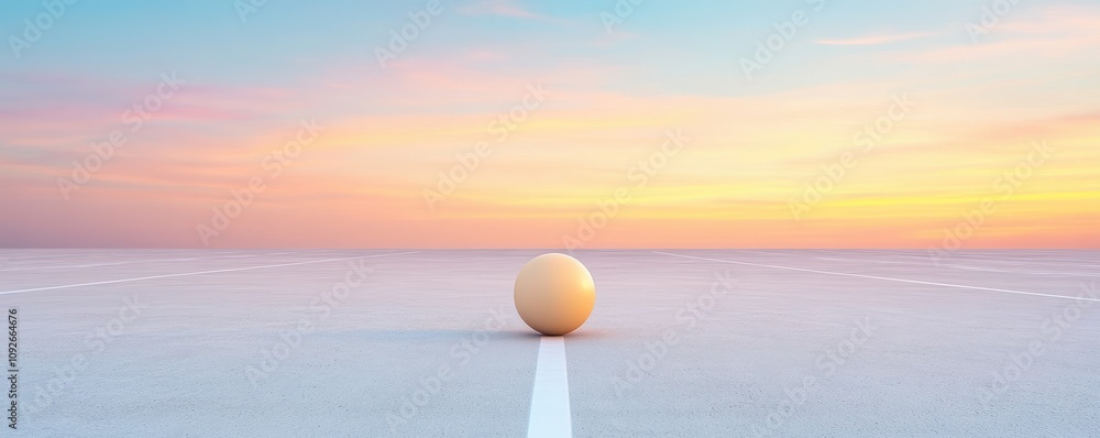 Poster a minimalist landscape featuring a spherical object on a pathway, bathed in soft pastel colors of a 