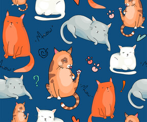 Background or pattern with cute cats from a set of vector cartoon characters in different poses. Wallpaper, paper, packaging, interior design and fashion accessories