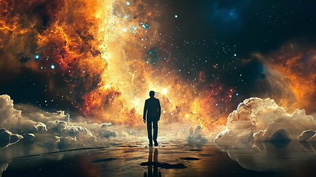 A solitary figure stands before a stunning cosmic backdrop of vibrant colors and swirling clouds, evoking a sense of exploration and the vastness of the universe.