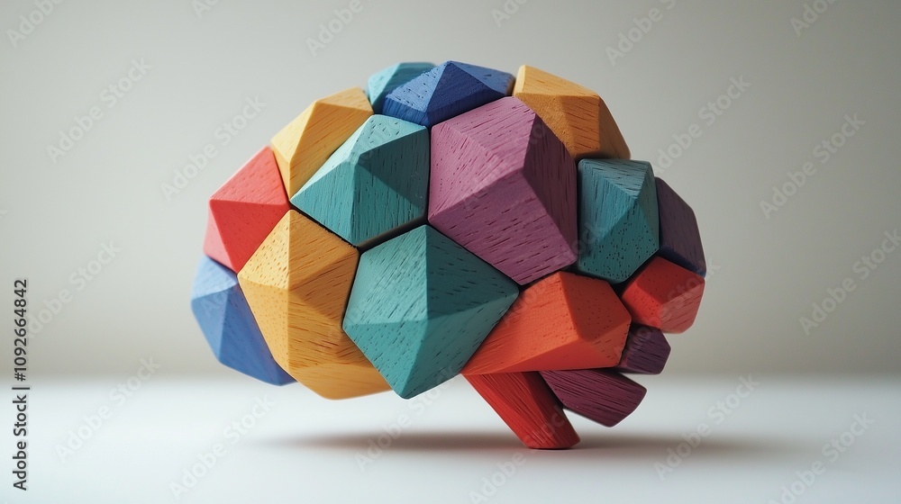 Poster colorful geometric brain model symbolizing neurological complexity and disorders.
