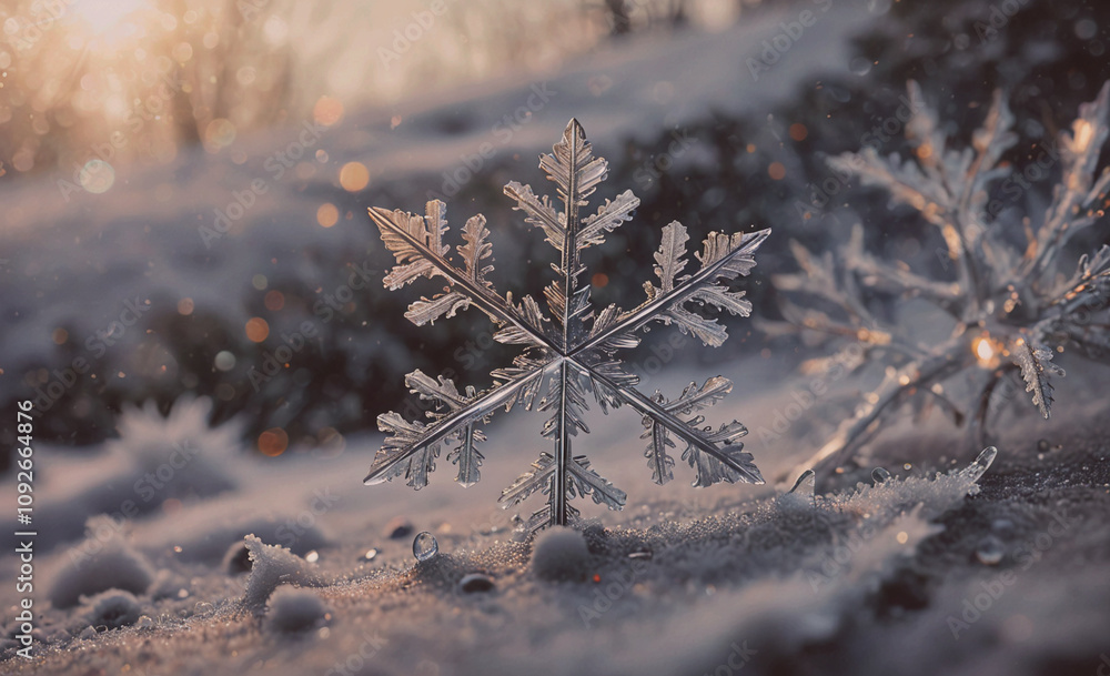 Poster Snowflake is sitting on the ground. It is surrounded by snow. The snowflake is the only thing visible in the image