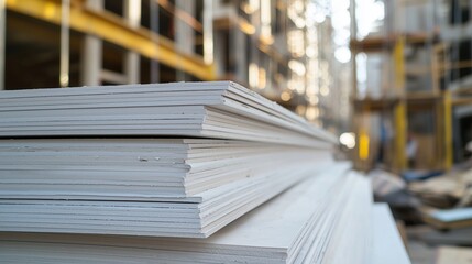 Stacked drywall sheets in a construction site symbolize building progress.