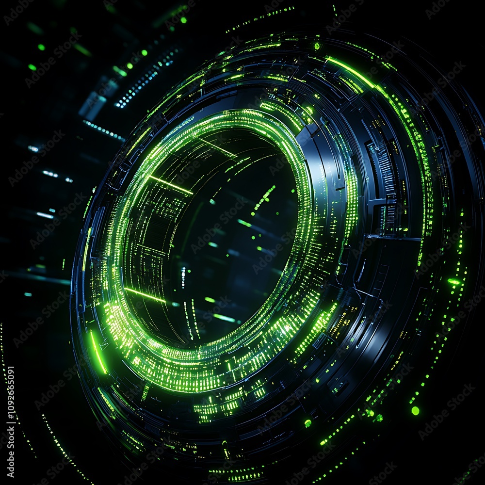 Poster futuristic abstract technology background featuring neon green circular design with digital particle