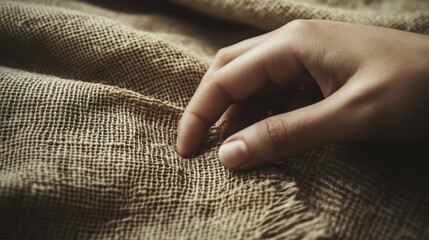 Close-up of caucasian hand touching natural woven fabric texture in warm lighting