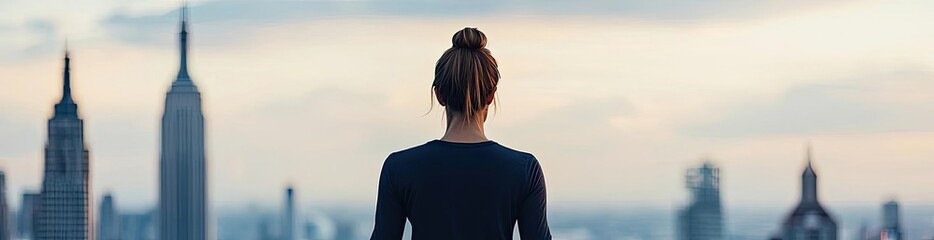 Fototapeta premium Woman meditating on rooftop with city skyline in the background.
