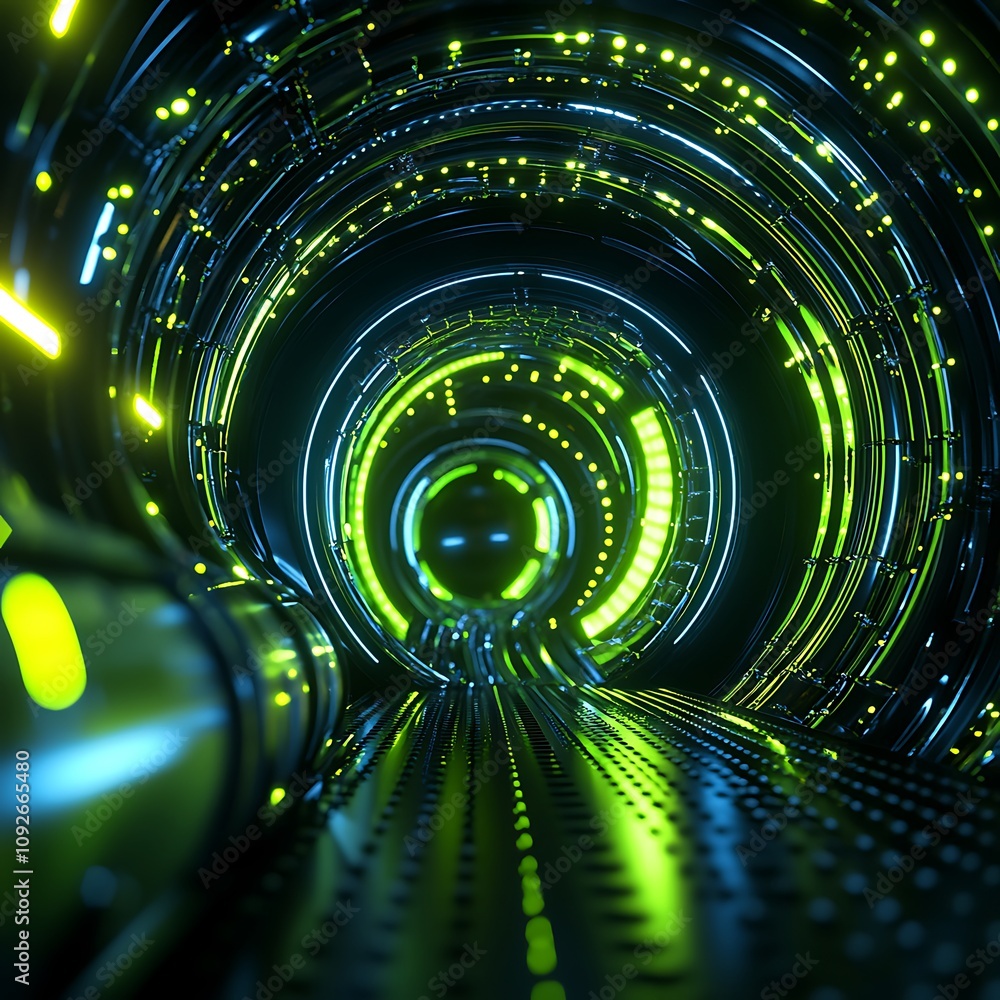 Poster futuristic abstract tunnel with neon lights and illuminated circuits, creating depth and a sense of 