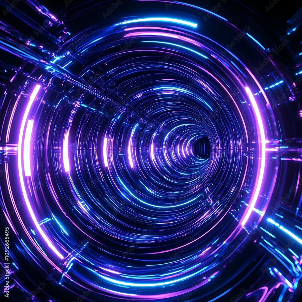 Poster Futuristic Abstract Tunnel with Glowing Neon Lights in Vibrant Colors, Creating a Dynamic and Hypnotic Visual Experience for Technology and Science Themes