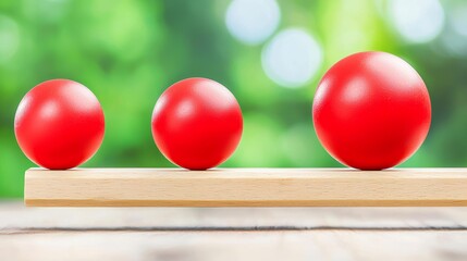 Naklejka premium Three red spheres of varying sizes balanced on a wooden plank, set against a soft green background that suggests a natural, serene environment.