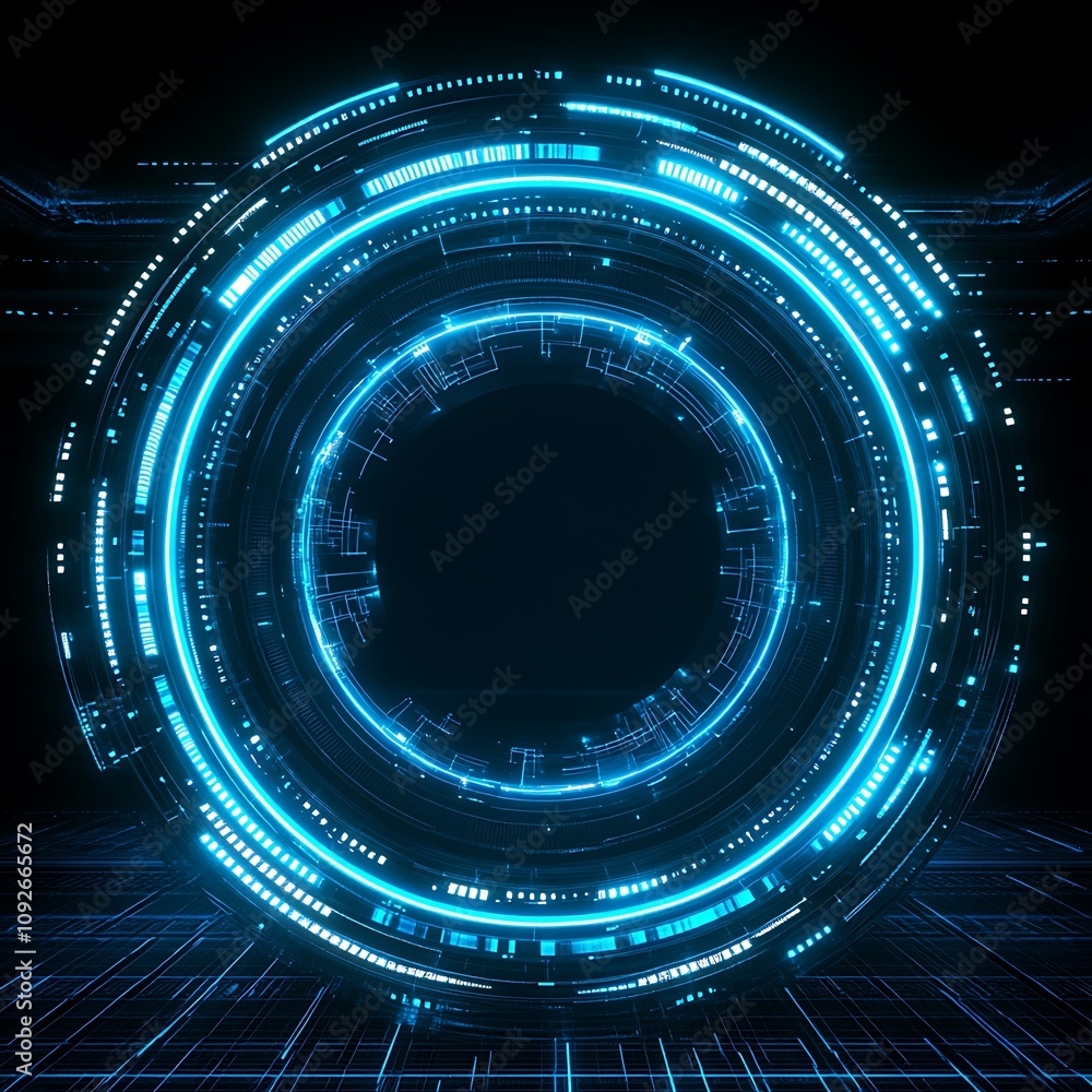 Poster futuristic blue circular digital interface with glowing elements in a dark environment, ideal for te