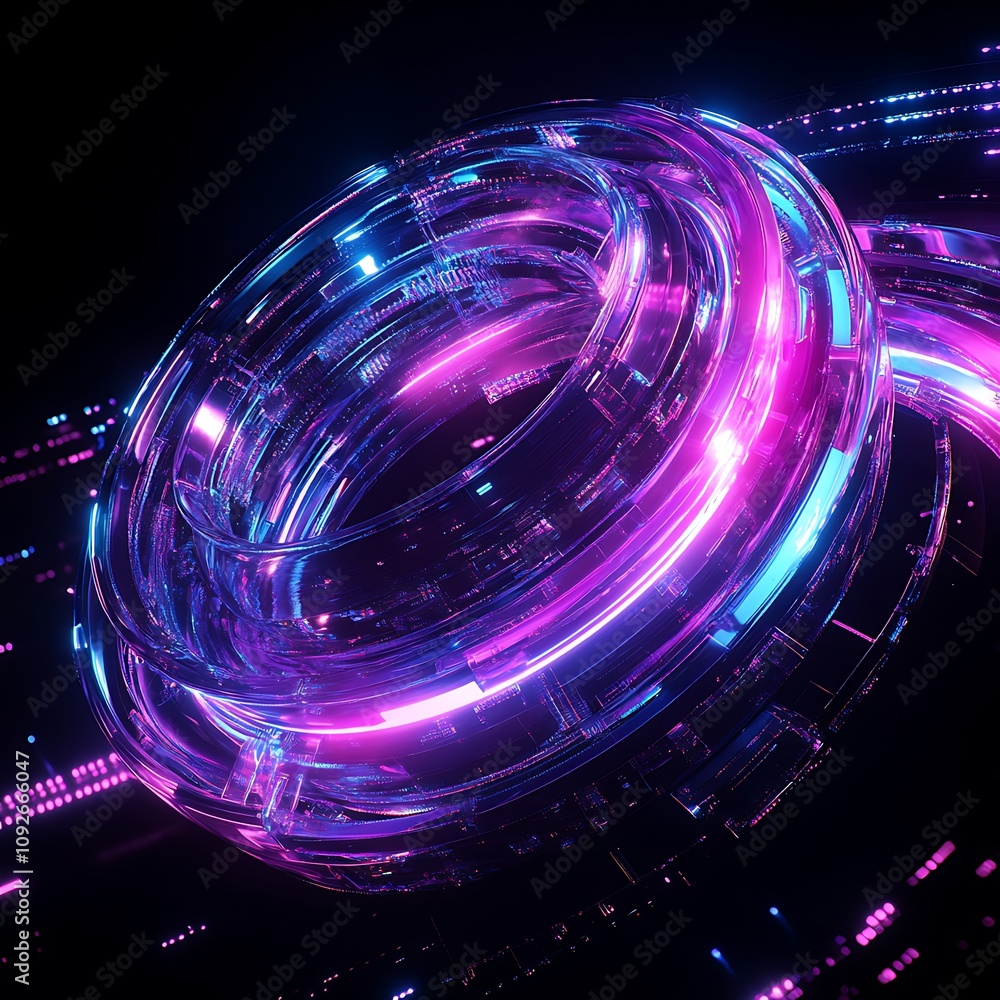 Aufkleber futuristic circular abstract design with glowing neon lights and digital patterns in vibrant pink an
