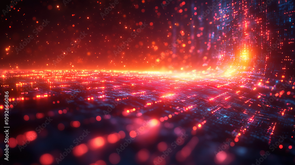 Poster vibrant digital landscape with flowing lights in a futuristic setting during twilight hours. generat