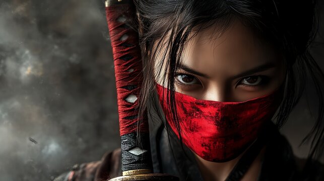 A woman in a red face mask and black clothing holds a katana sword, looking intensely at the camera with a serious expression.
