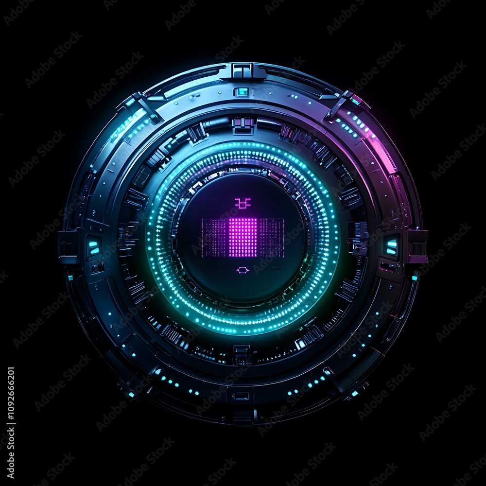 Poster futuristic circular design with vibrant neon lights and digital elements set against a dark backgrou