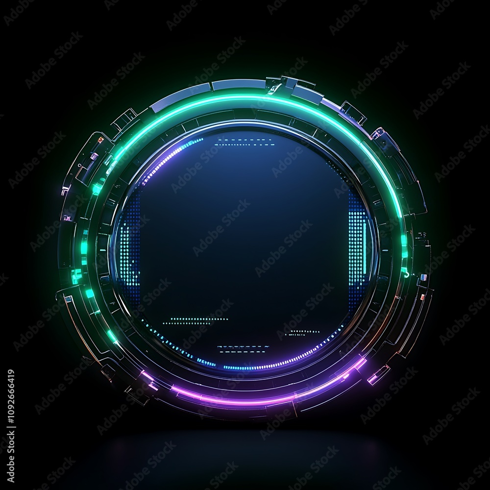 Poster futuristic circular interface with glowing neon elements and abstract technology design for digital 
