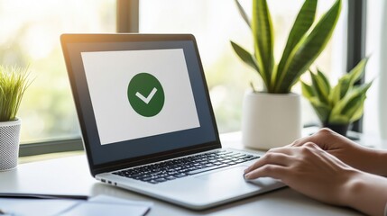 Person using a laptop with a checkmark symbol on the screen while sitting by the window with plants in the background