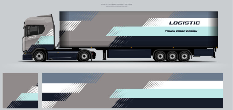 Vector truck trailer livery design template. Truck Cargo delivering vehicle paintjob. Mock up and design on separate layers vector files.