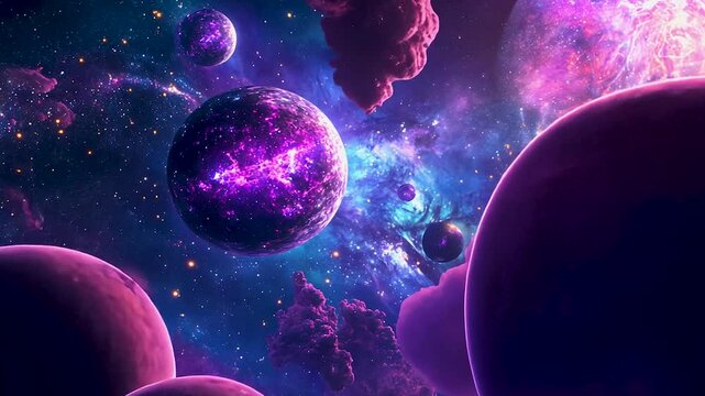 Animation A surreal cosmic scene featuring pink and purple stars scattered across a vast universe, with delicate pink clouds drifting throughout the starry sky, offering a dreamlike atmosphere and mys