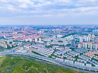 Aerial view of Shanghai skyline at sunset