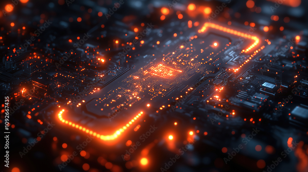 Poster brightly illuminated circuit board showcasing advanced technology in a close-up view during nighttim