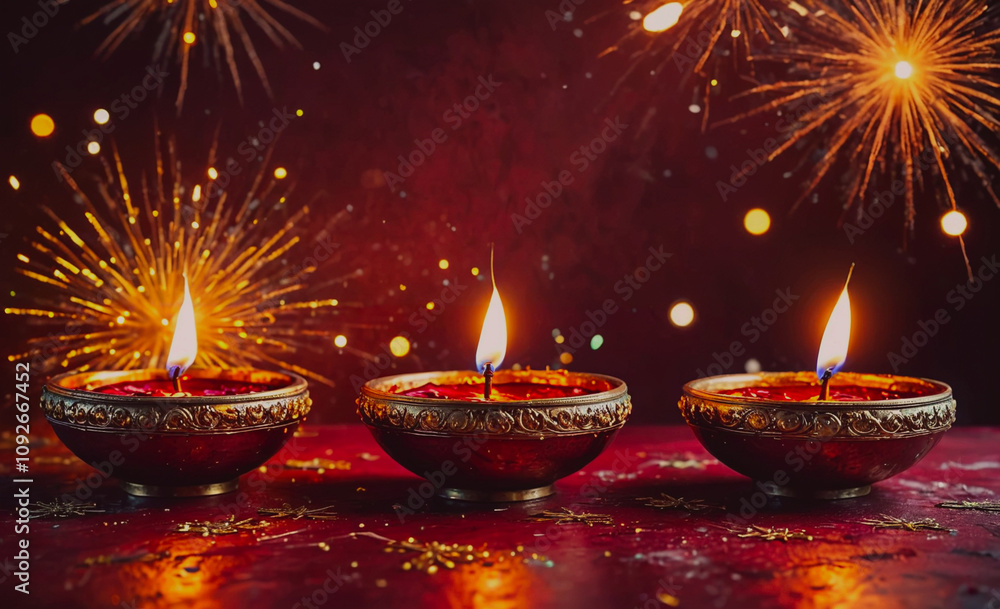 Poster three lit candles in red bowls on a red background. the candles are lit and the background is decora