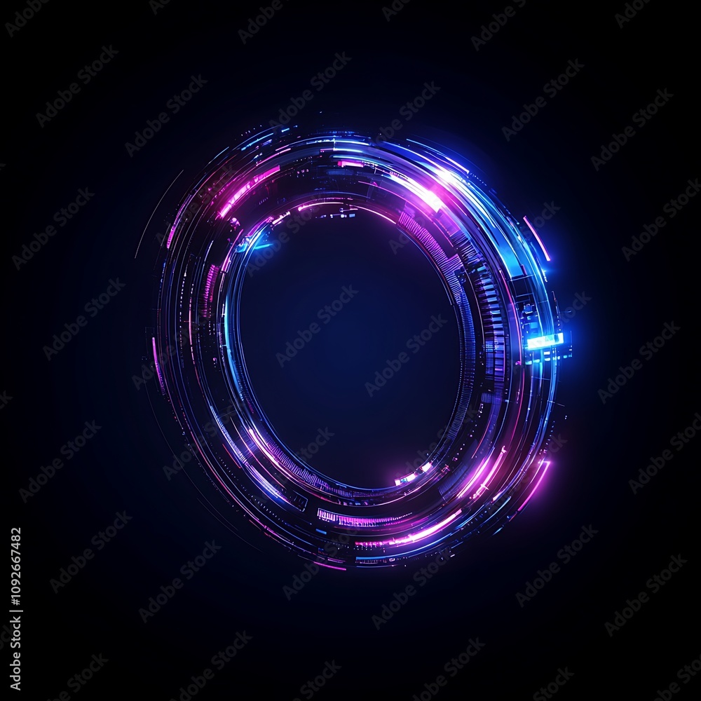 Poster futuristic digital abstract circular design with glowing neon lights and tech elements, suitable for