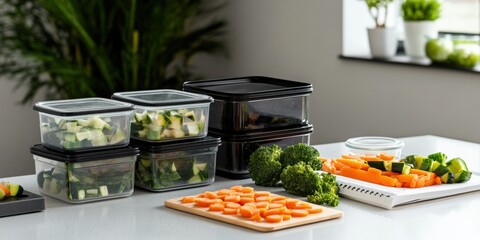 Minimalist meal prep setup with reusable containers, chopped vegetables, and a recipe notebook, clean and organized,