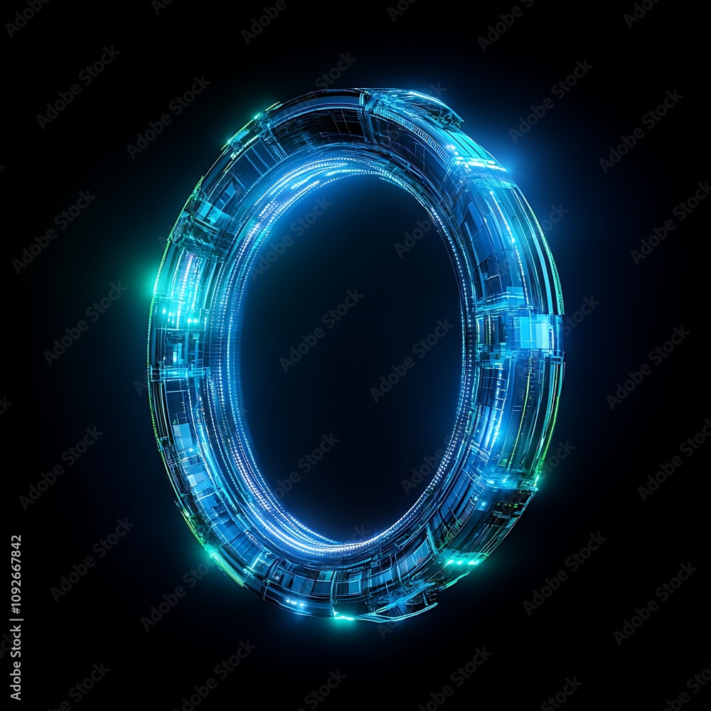 Poster futuristic digital circular portal with neon glow and intricate circuit patterns, symbolizing techno