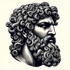 Detailed profile of a man's head, with elaborate curly hair and beard, inspired by ancient Roman or Greek sculpture.