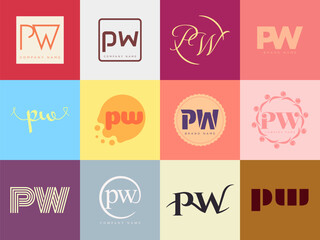 PW logo company template. Letter p and w logotype. Set different classic serif lettering and modern bold text with design elements. Initial font typography.