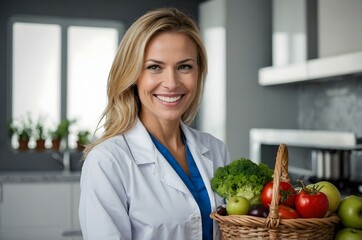 Professional dietitian encouraging balanced nutrition surrounded by fresh fruits and vegetables.
Health-focused female expert in a lab coat sharing the importance of eating nutritious foods.