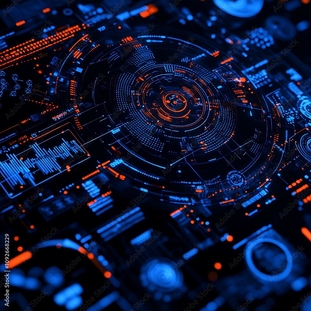 Poster futuristic digital interface display with circular patterns and graphical elements in blue and orang