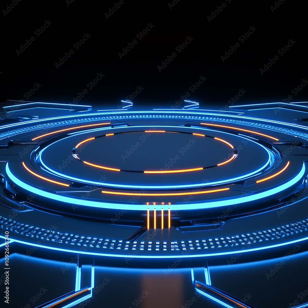 Aufkleber futuristic digital interface with blue and orange circular elements on a dark background, ideal for 