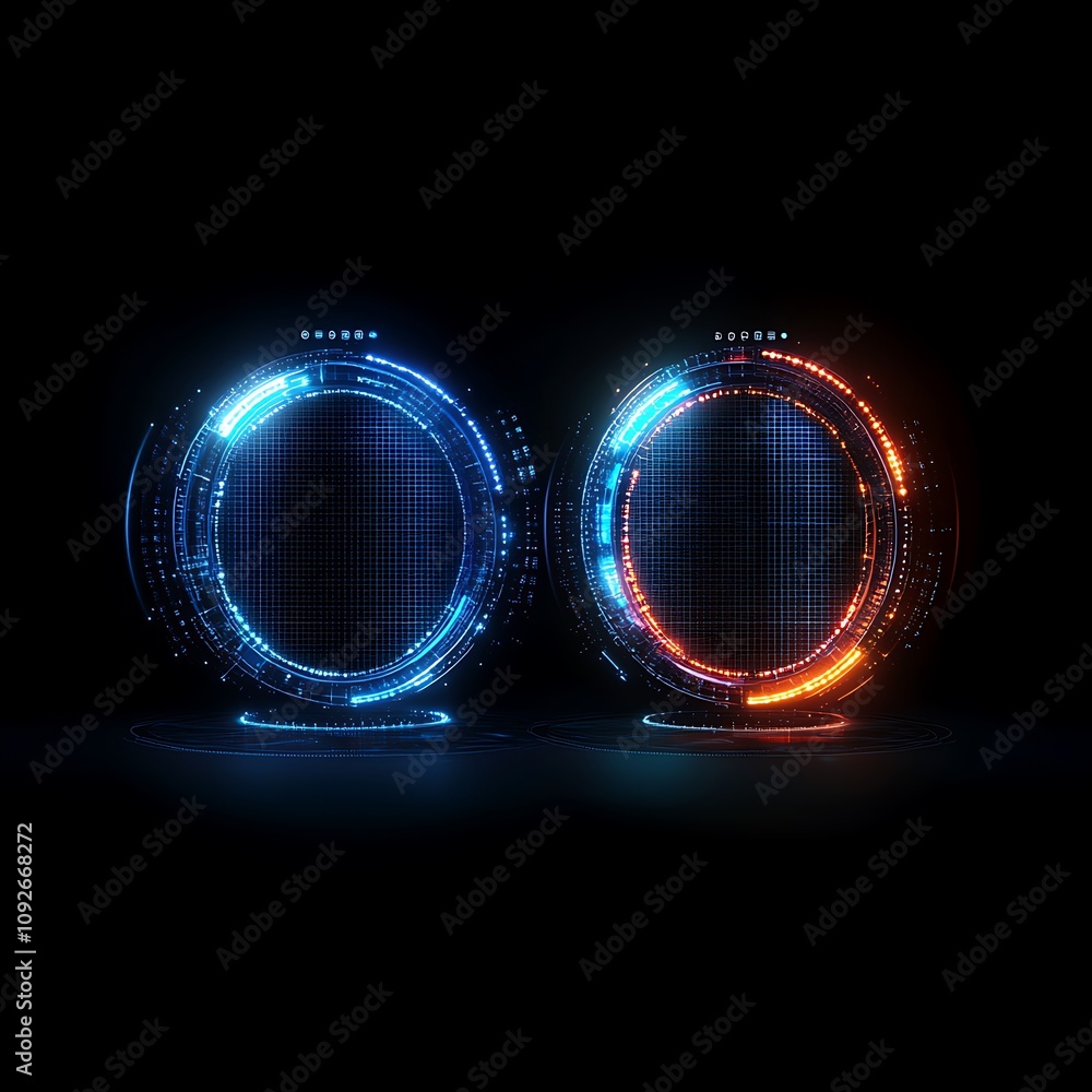 Poster futuristic digital interface with glowing circular shapes and data visualization elements for techno