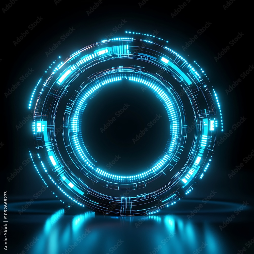 Poster futuristic digital interface with glowing blue elements and circles representing technology, abstrac