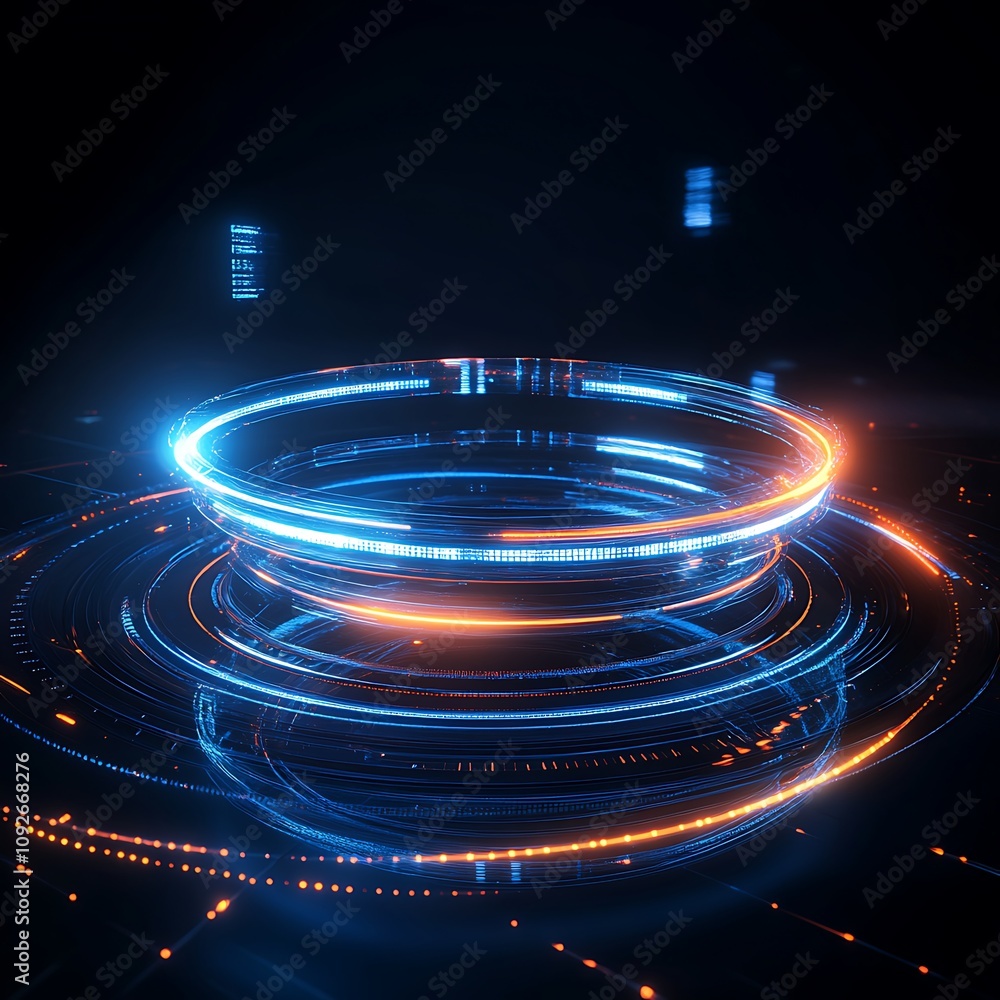Poster futuristic digital interface with glowing circles and light trails, abstract display of technology a