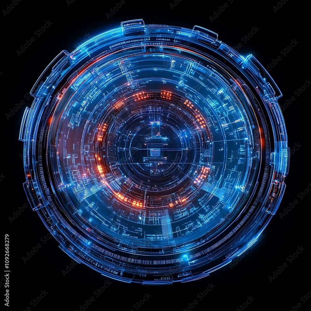 Poster futuristic digital interface with glowing blue and orange elements, circular design with technical d