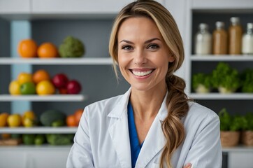 Smiling blonde and beautiful female nutritionist in a white coat with fresh fruits and vegetables on a kitchen counter, promoting healthy eating and balanced nutrition. Professional dietitian 