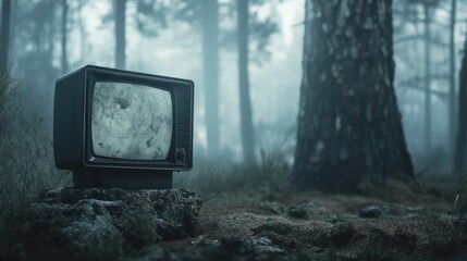 A vintage television set sits abandoned in a misty forest.