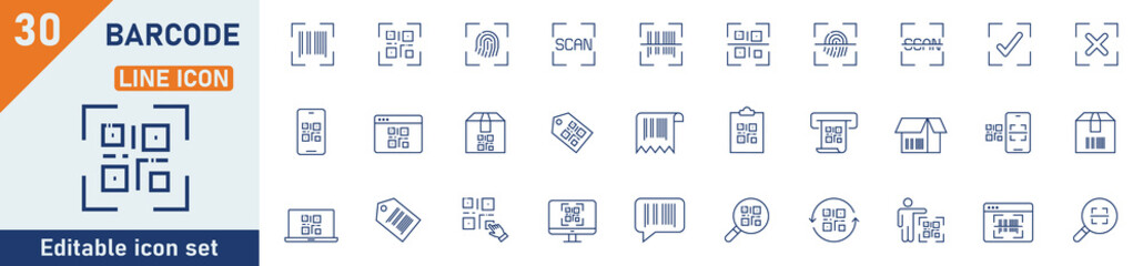 Obraz premium Barcode line icon set. Set of 30 outline icons related to barcode, QR code, payment barcode, product, scanner, mobile phone scanner and others. Editable stroke. Vector illustration.