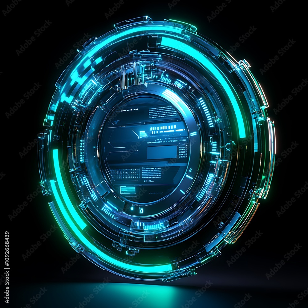 Poster futuristic digital interface with neon glowing circles, high-tech data display, and abstract visual 