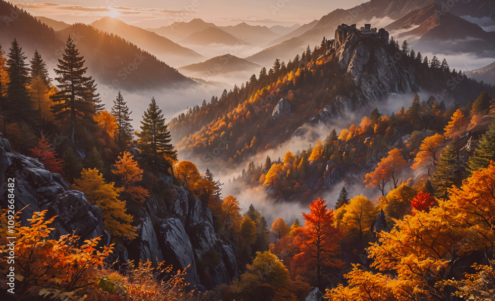 Poster mountain range covered in trees with leaves of different colors. the leaves are orange and yellow. t