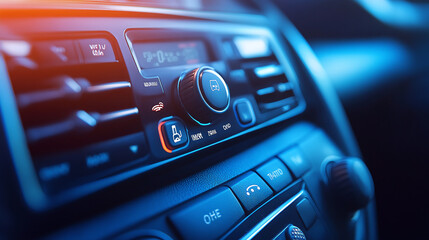 Obraz premium Close-up view of a modern car dashboard with climate control buttons and a stylish design, illuminated by soft orange and blue lighting.
