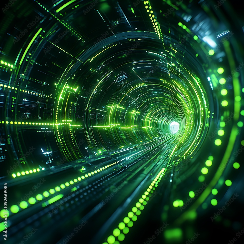 Poster Futuristic Digital Tunnel with Glowing Green Lights Creating a Sense of Depth and Motion in a High-Tech Environment for Science and Technology Concepts
