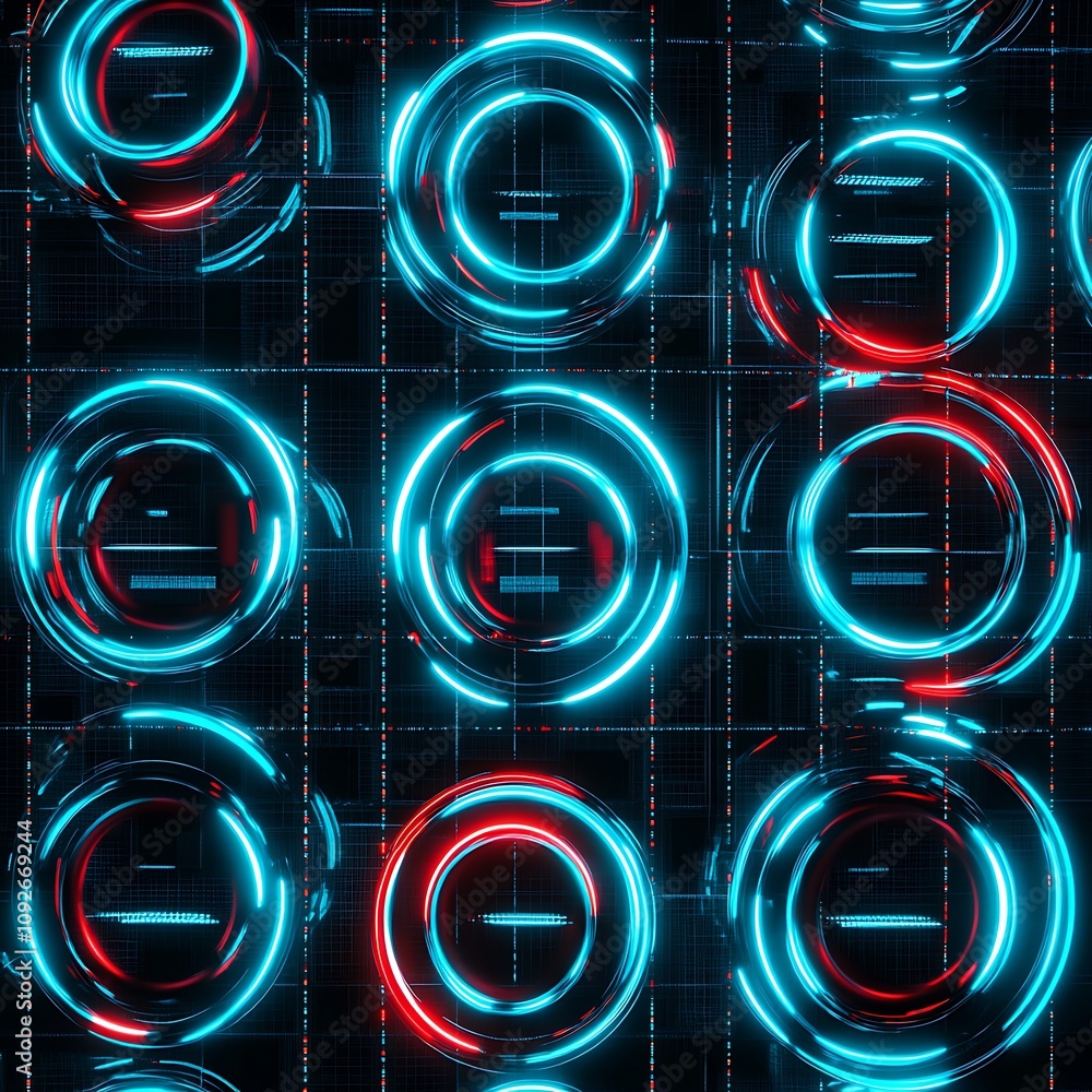 Poster futuristic geometric pattern with neon circles and grid design emitting vibrant blue and red lights 