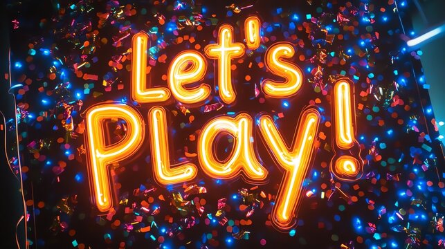 A neon sign that says "Let's Play!" with confetti falling around it.