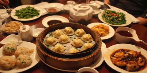 Traditional Chinese meal with dumplings, green tea, and vibrant sauces, rich cultural representation,