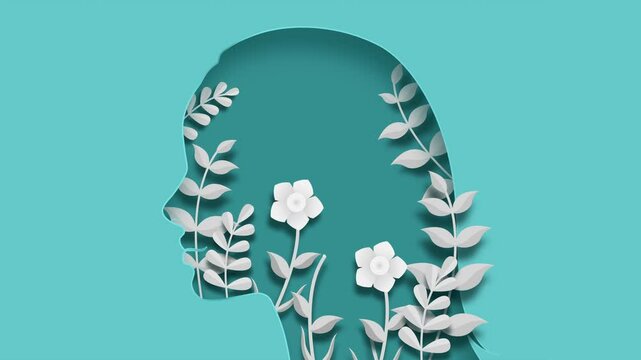 Abstract botanical leaves and flowers growing in female head silhouette on turquoise green background representing cervical cancer awareness month