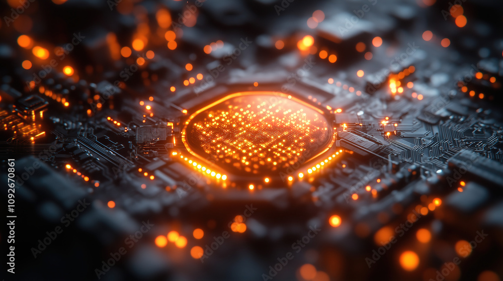 Poster illuminated circuit board showcasing intricate design and glowing elements during nighttime technolo